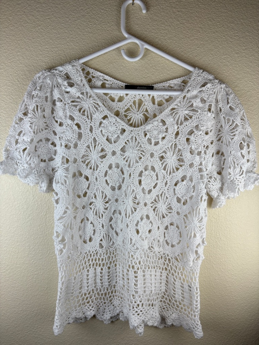 Denim 24/7 Top Puff Sleeve Ivory Floral Crochet Festival Fairy Boho Size S/M